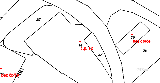 Jiřice u Moravských Budějovic 12 na parcele st. 14 v KÚ Jiřice u Moravských Budějovic, Katastrální mapa