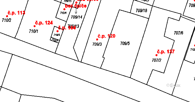 Těšetice 120 na parcele st. 709/3 v KÚ Těšetice u Znojma, Katastrální mapa