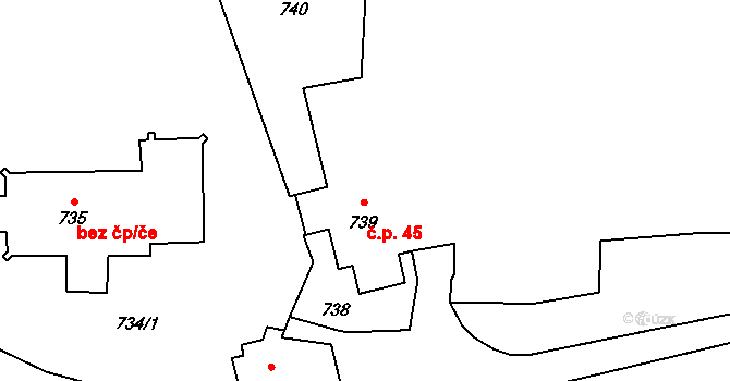 Malešice 45, Dříteň na parcele st. 739 v KÚ Chvalešovice, Katastrální mapa