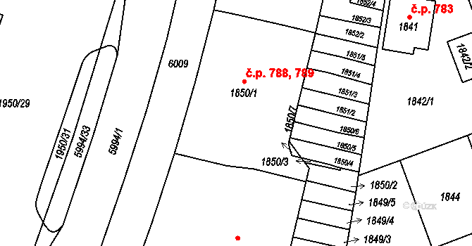 Jihlava 788,789 na parcele st. 1850/1 v KÚ Jihlava, Katastrální mapa