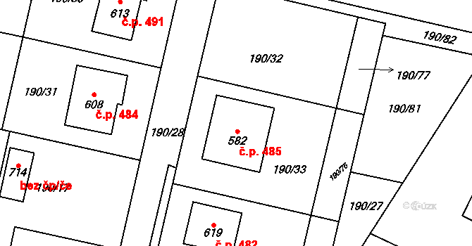 Rožďalovice 485 na parcele st. 582 v KÚ Rožďalovice, Katastrální mapa