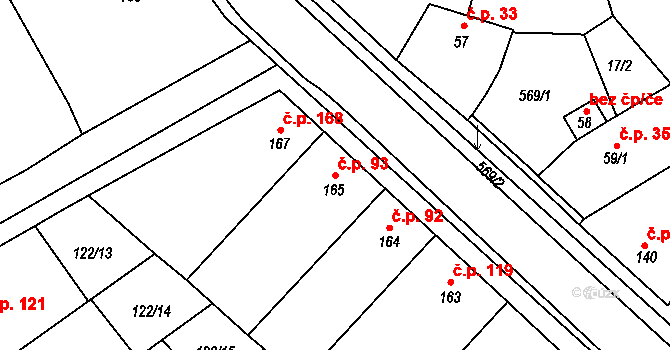 Žalkovice 93 na parcele st. 165 v KÚ Žalkovice, Katastrální mapa