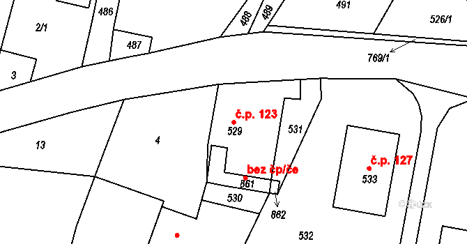 Tochovice 123 na parcele st. 529 v KÚ Tochovice, Katastrální mapa