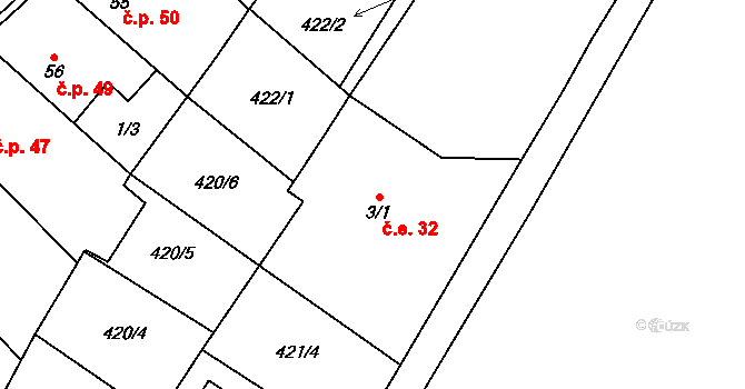 Kyškovice 32 na parcele st. 3/1 v KÚ Kyškovice, Katastrální mapa