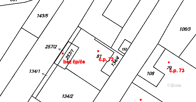Sudoměřice u Bechyně 72 na parcele st. 81 v KÚ Sudoměřice u Bechyně, Katastrální mapa