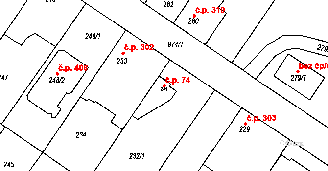 Kostomlaty nad Labem 74 na parcele st. 231 v KÚ Kostomlaty nad Labem, Katastrální mapa