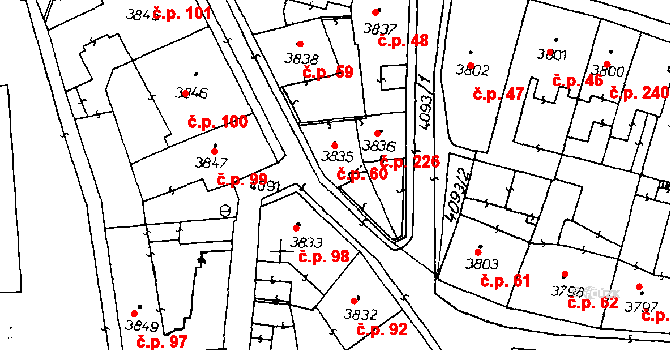 Poděbrady III 60, Poděbrady na parcele st. 3835 v KÚ Poděbrady, Katastrální mapa