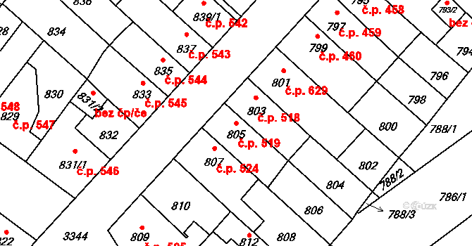 Pelhřimov 519 na parcele st. 805 v KÚ Pelhřimov, Katastrální mapa
