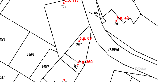 Čečelice 69 na parcele st. 32/1 v KÚ Čečelice, Katastrální mapa