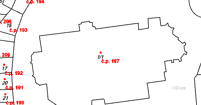 Cheb 187 na parcele st. 1/1 v KÚ Cheb, Katastrální mapa