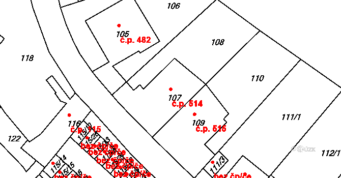 Podolí 514, Praha na parcele st. 107 v KÚ Podolí, Katastrální mapa