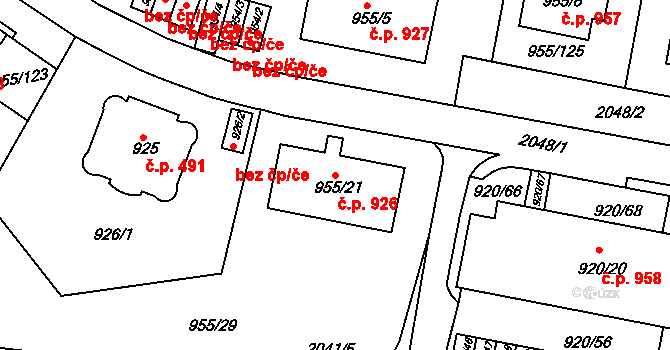 Košíře 926, Praha na parcele st. 955/21 v KÚ Košíře, Katastrální mapa