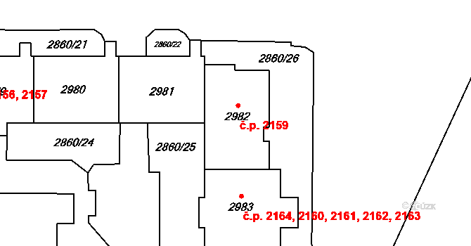 Stodůlky 2159, Praha na parcele st. 2982 v KÚ Stodůlky, Katastrální mapa