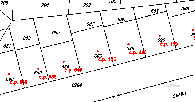 Střešovice 165, Praha na parcele st. 686 v KÚ Střešovice, Katastrální mapa