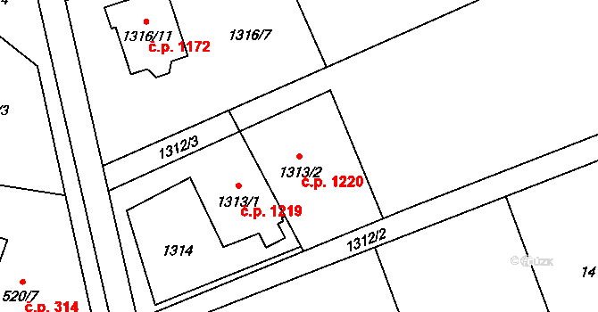 Ráj 1220, Karviná na parcele st. 1313/2 v KÚ Ráj, Katastrální mapa