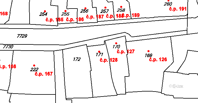 Prostějov 128 na parcele st. 171 v KÚ Prostějov, Katastrální mapa