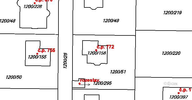 Vejprnice 772 na parcele st. 1200/158 v KÚ Vejprnice, Katastrální mapa