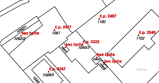 Teplice 3222 na parcele st. 1090/3 v KÚ Teplice, Katastrální mapa