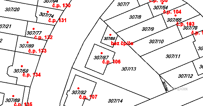 Hlušovice 106 na parcele st. 307/87 v KÚ Hlušovice, Katastrální mapa