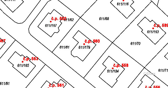 Srubec 560 na parcele st. 611/179 v KÚ Srubec, Katastrální mapa