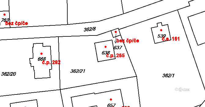 Chocerady 265 na parcele st. 638 v KÚ Chocerady, Katastrální mapa