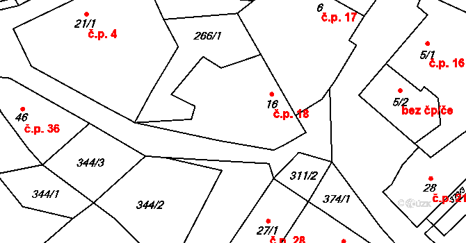 Olší 18 na parcele st. 16 v KÚ Olší u Tišnova, Katastrální mapa