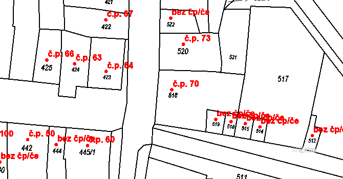 Hrušky 70 na parcele st. 518 v KÚ Hrušky u Brna, Katastrální mapa