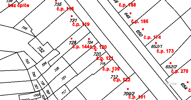 Pustiměřské Prusy 121, Pustiměř na parcele st. 720 v KÚ Pustiměř, Katastrální mapa
