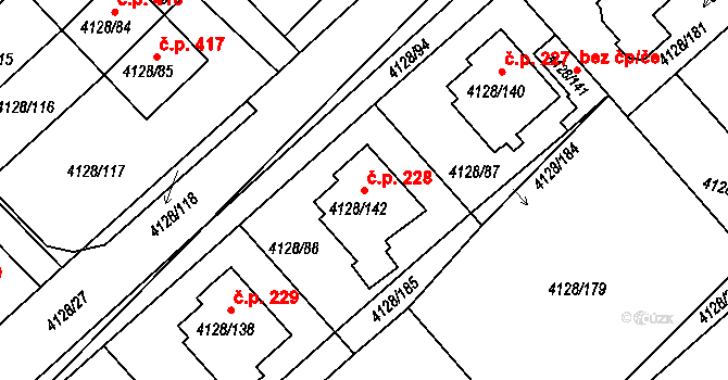 Choceňské Předměstí 228, Vysoké Mýto na parcele st. 4128/142 v KÚ Vysoké Mýto, Katastrální mapa