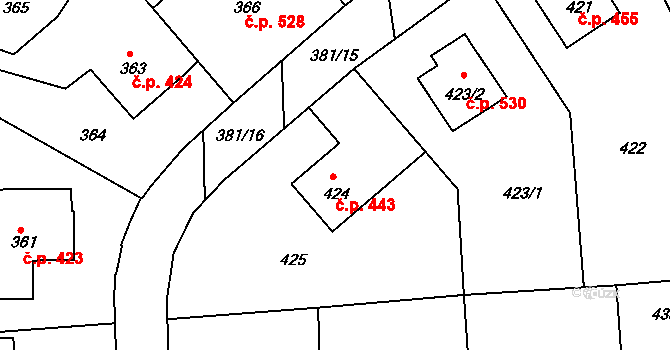 Veselí nad Lužnicí I 443, Veselí nad Lužnicí na parcele st. 424 v KÚ Veselí nad Lužnicí, Katastrální mapa