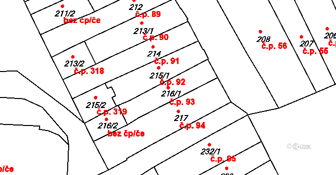 Broumov 93 na parcele st. 216/1 v KÚ Broumov, Katastrální mapa