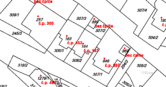 Adamov 153 na parcele st. 164 v KÚ Adamov, Katastrální mapa