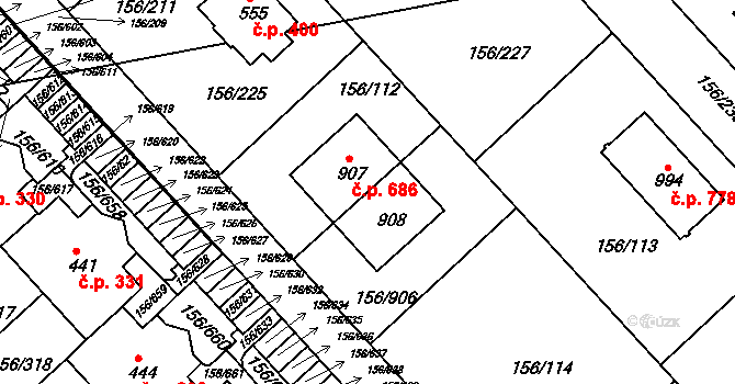 Chýně 686 na parcele st. 907 v KÚ Chýně, Katastrální mapa
