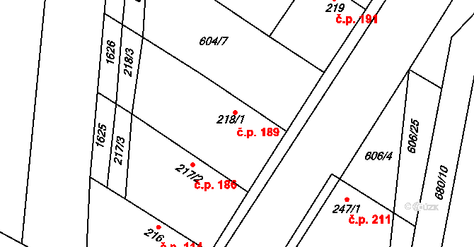 Opočnice 189 na parcele st. 218/1 v KÚ Opočnice, Katastrální mapa