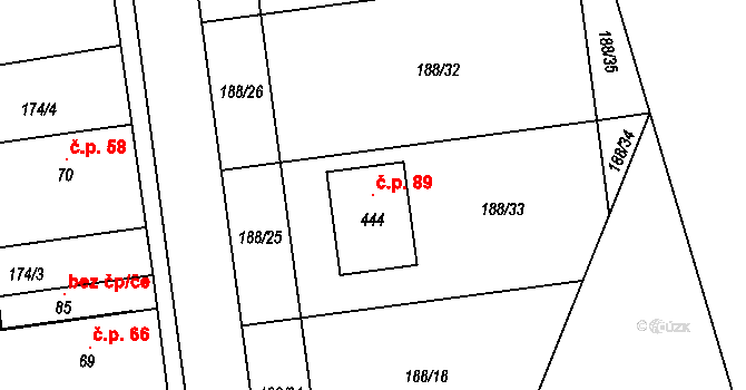 Hrádek 89, Srch na parcele st. 444 v KÚ Hrádek u Pardubic, Katastrální mapa