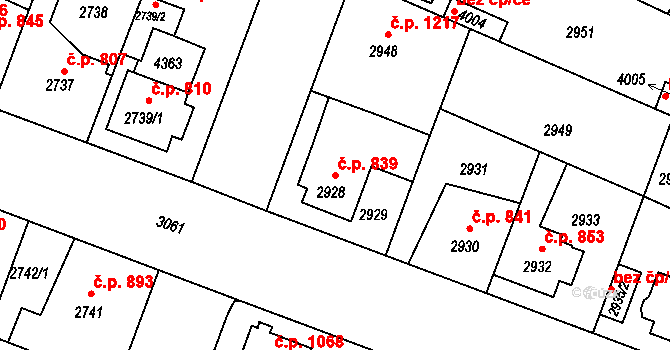 Čelákovice 839 na parcele st. 2928 v KÚ Čelákovice, Katastrální mapa