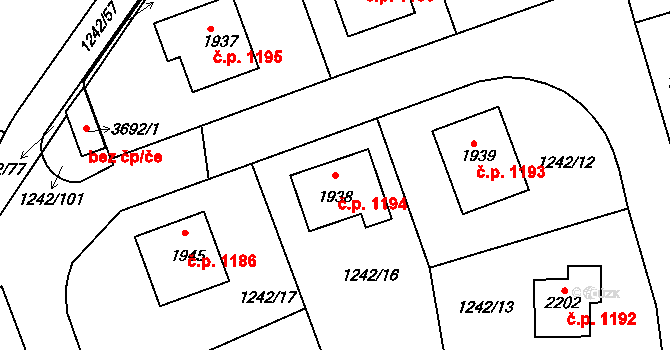 Dobříš 1194 na parcele st. 1938 v KÚ Dobříš, Katastrální mapa