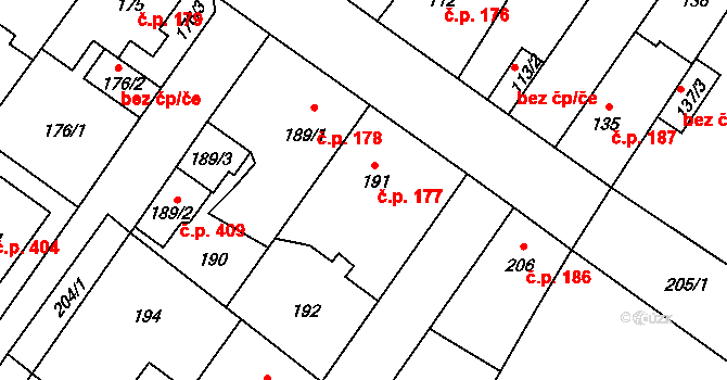 Kačice 177 na parcele st. 191 v KÚ Kačice, Katastrální mapa