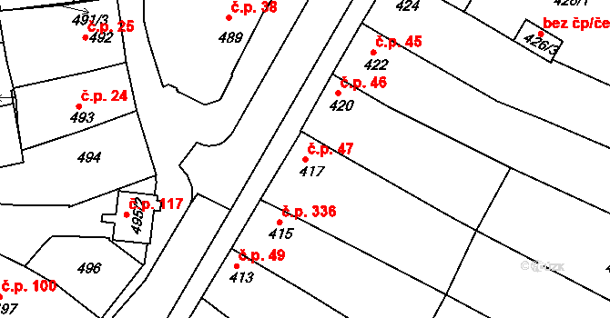 Milokošť 47, Veselí nad Moravou na parcele st. 417 v KÚ Milokošť, Katastrální mapa