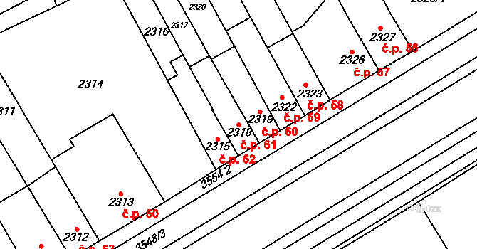 Nouzka 61, Vyškov na parcele st. 2318 v KÚ Vyškov, Katastrální mapa