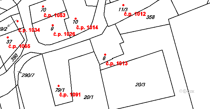 Švermov 1013, Kladno na parcele st. 8 v KÚ Hnidousy, Katastrální mapa