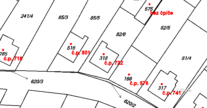 Chvalčov 722 na parcele st. 318 v KÚ Chvalčova Lhota, Katastrální mapa