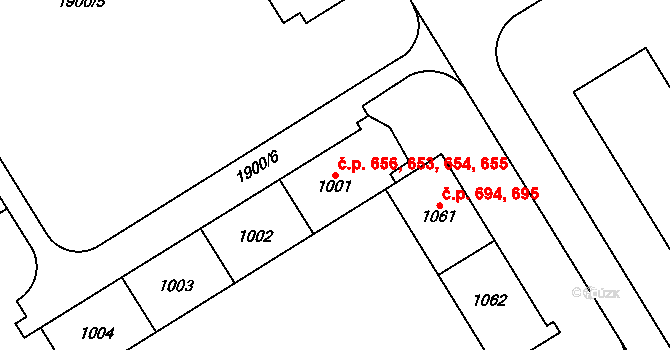 Uničov 653,654,655,656 na parcele st. 1001 v KÚ Uničov, Katastrální mapa