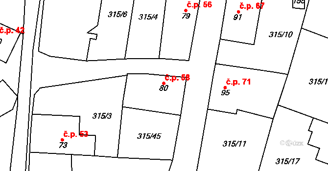 Hvozdec 58 na parcele st. 80 v KÚ Hvozdec, Katastrální mapa