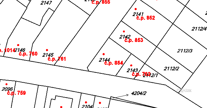Roudnice nad Labem 854 na parcele st. 2144 v KÚ Roudnice nad Labem, Katastrální mapa