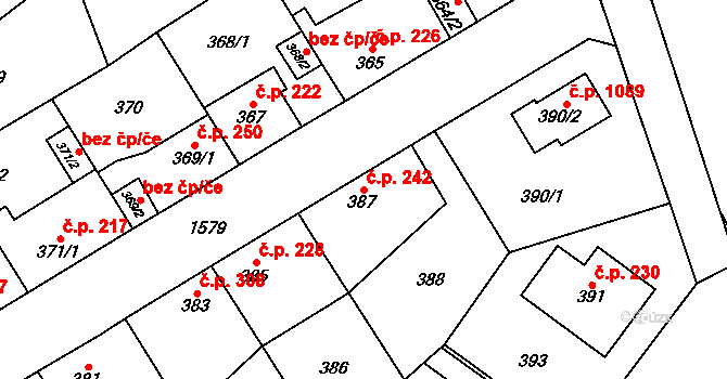 Řeporyje 242, Praha na parcele st. 387 v KÚ Řeporyje, Katastrální mapa