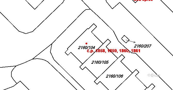 Stodůlky 1858,1859,1860,1861, Praha na parcele st. 2160/104 v KÚ Stodůlky, Katastrální mapa