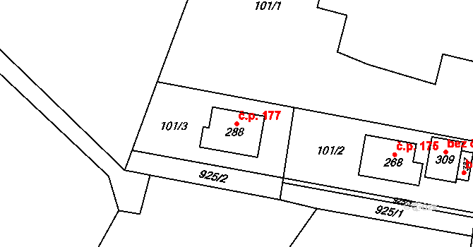 Kocbeře 177 na parcele st. 288 v KÚ Kocbeře, Katastrální mapa