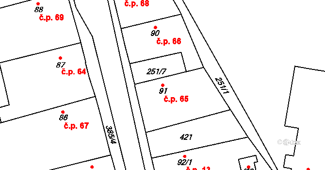 Polní Chrčice 65 na parcele st. 91 v KÚ Polní Chrčice, Katastrální mapa