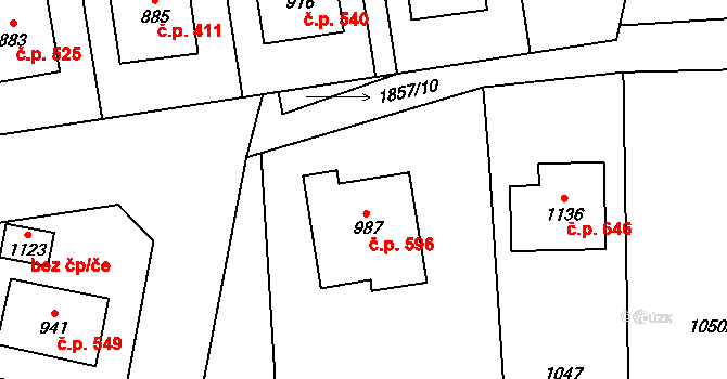 Mirošov 596 na parcele st. 987 v KÚ Mirošov, Katastrální mapa